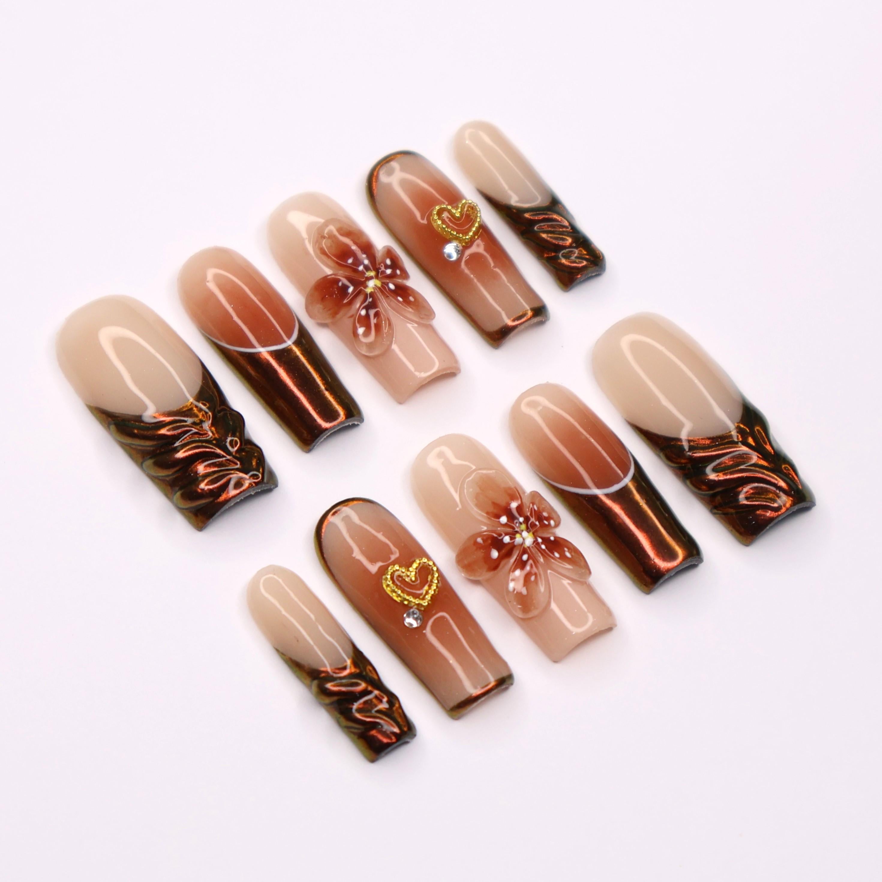 3D Floral and Heart Fall Press On Nails, Copper and Nude Long Square Fake Nails Art for Chic Autumn Style.