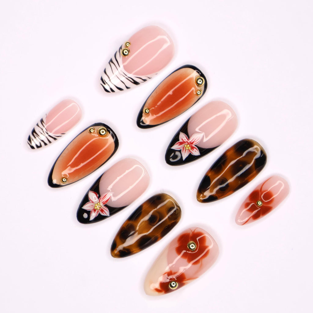 Tortoise Shell and Floral Fall Press On Nails, Nude and Zebra Print Short Almond Fake Nails Art for Autumn, Birthday, Holiday , Gift for Her