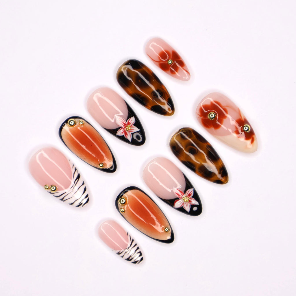 Tortoise Shell and Floral Fall Press On Nails, Nude and Zebra Print Short Almond Fake Nails Art for Autumn, Birthday, Holiday , Gift for Her