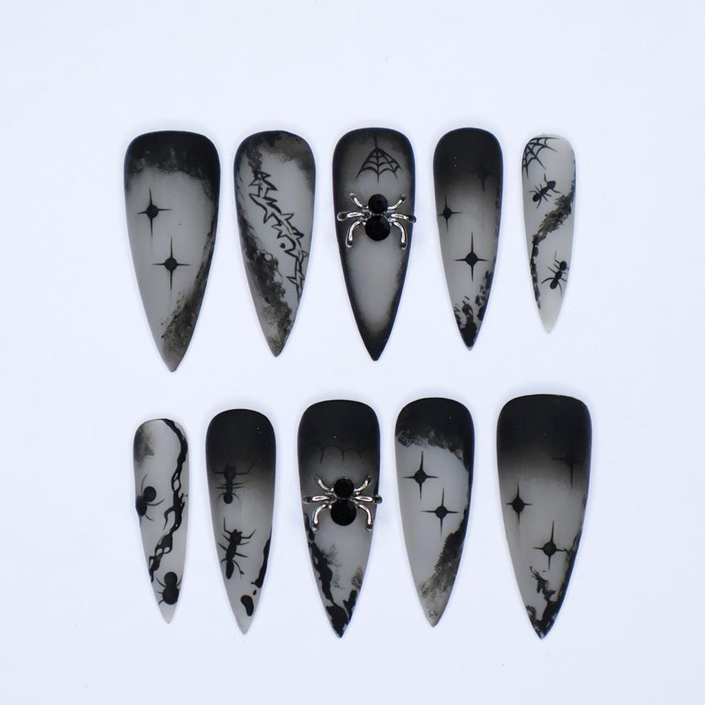 Black and Gray 3D Press-On Nails, Long Stiletto Nails with Spider Web and Ant for Halloween or Gothic Fashion