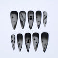 Black and Gray 3D Press-On Nails, Long Stiletto Nails with Spider Web and Ant for Halloween or Gothic Fashion