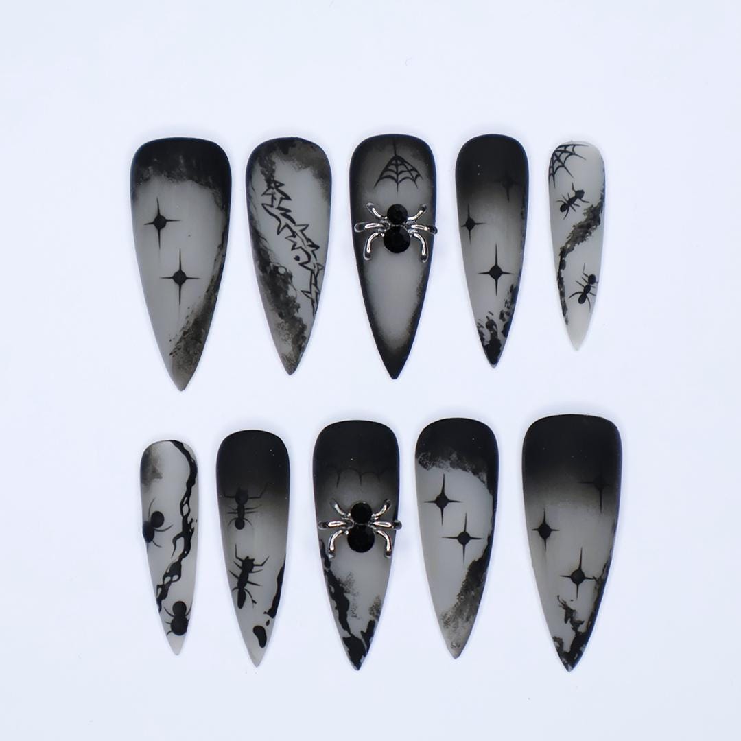 Black and Gray 3D Press-On Nails, Long Stiletto Nails with Spider Web and Ant for Halloween or Gothic Fashion