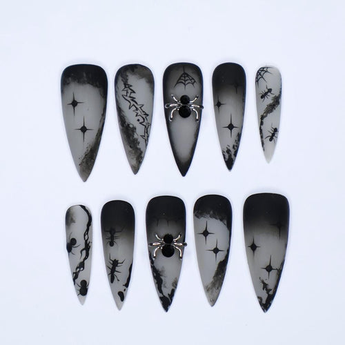 Black and Gray 3D Press-On Nails, Long Stiletto Nails with Spider Web and Ant for Halloween or Gothic Fashion