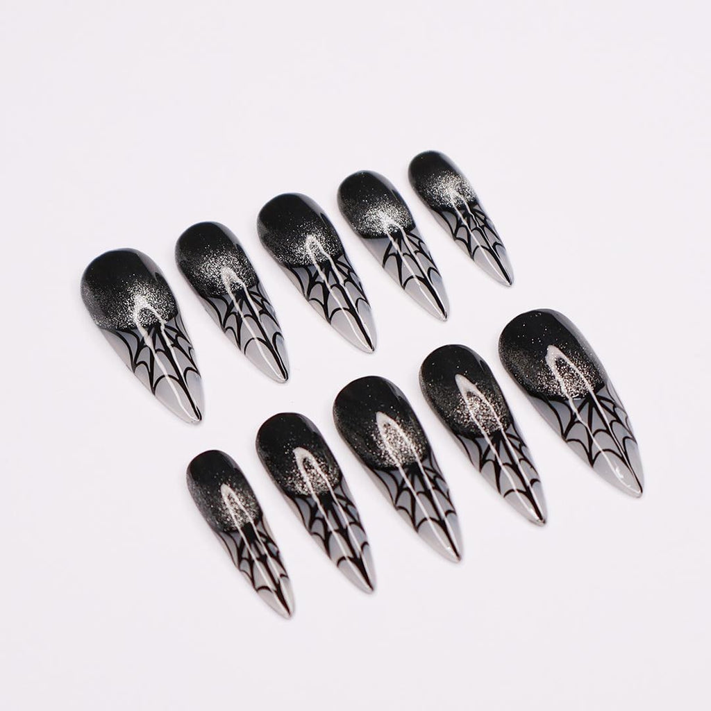 Spider Web Long Stiletto Halloween Press On Nails, Witchy Fake Nails Art for Spooky Season