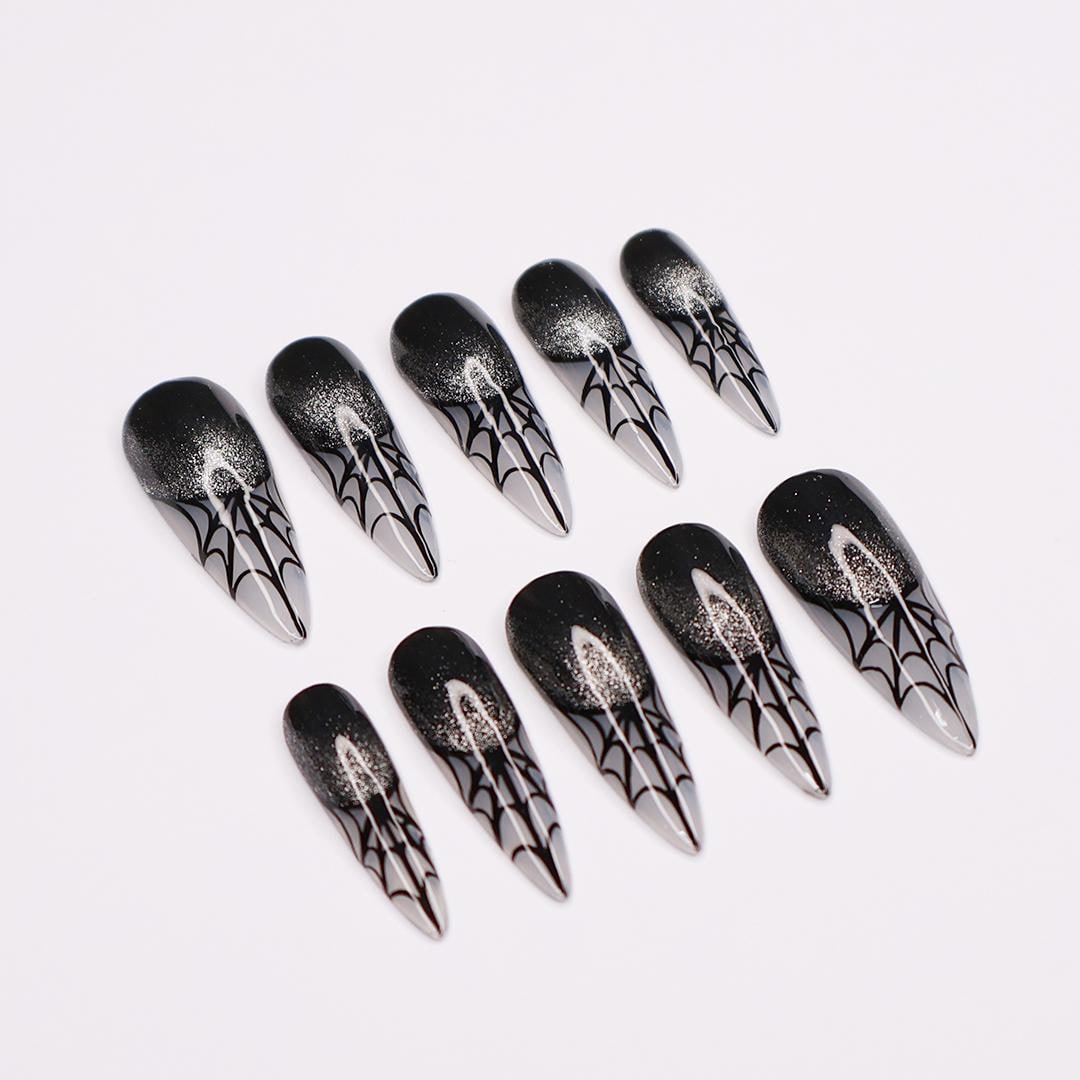 Spider Web Long Stiletto Halloween Press On Nails, Witchy Fake Nails Art for Spooky Season