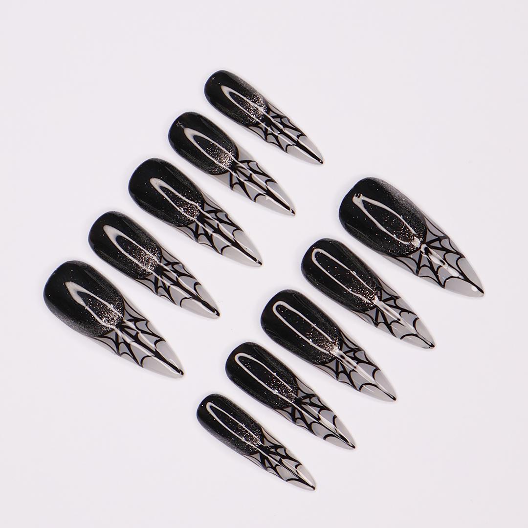 Spider Web Long Stiletto Halloween Press On Nails, Witchy Fake Nails Art for Spooky Season