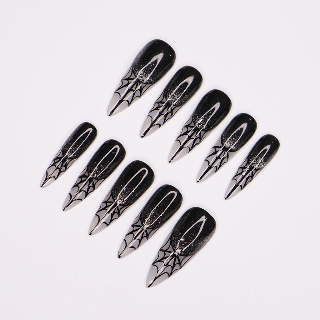 Spider Web Long Stiletto Halloween Press On Nails, Witchy Fake Nails Art for Spooky Season