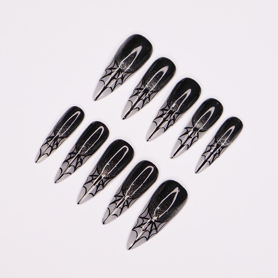 Spider Web Long Stiletto Halloween Press On Nails, Witchy Fake Nails Art for Spooky Season