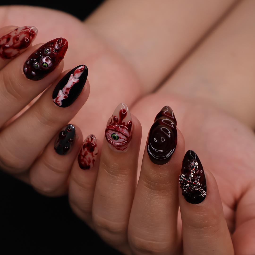 Unique 3D Design with Horror Blood Eyeball Almond Halloween Press On Nails, Scary Fake Nails Art for Spooky Season