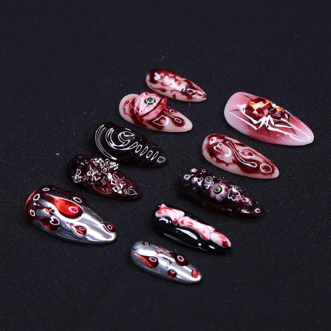 Unique 3D Design with Horror Blood Eyeball Almond Halloween Press On Nails, Scary Fake Nails Art for Spooky Season