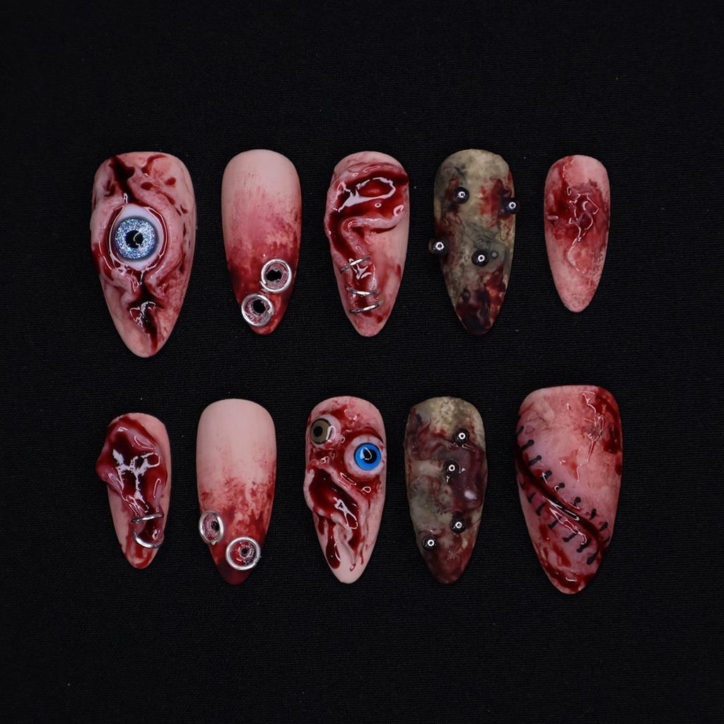 Unique 3D Design with Horror Blood Eyeball Almond Halloween Press On Nails, Scary Fake Nails Art for Spooky Season
