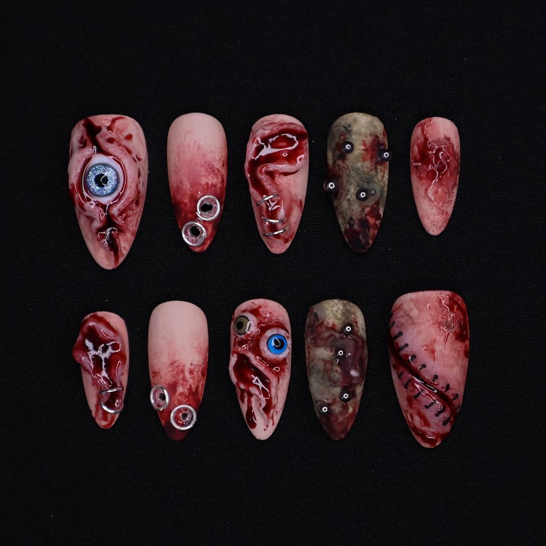 Unique 3D Design with Horror Blood Eyeball Almond Halloween Press On Nails, Scary Fake Nails Art for Spooky Season