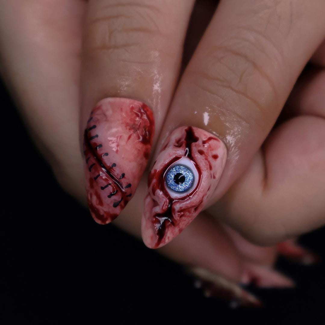 Unique 3D Design with Horror Blood Eyeball Almond Halloween Press On Nails, Scary Fake Nails Art for Spooky Season