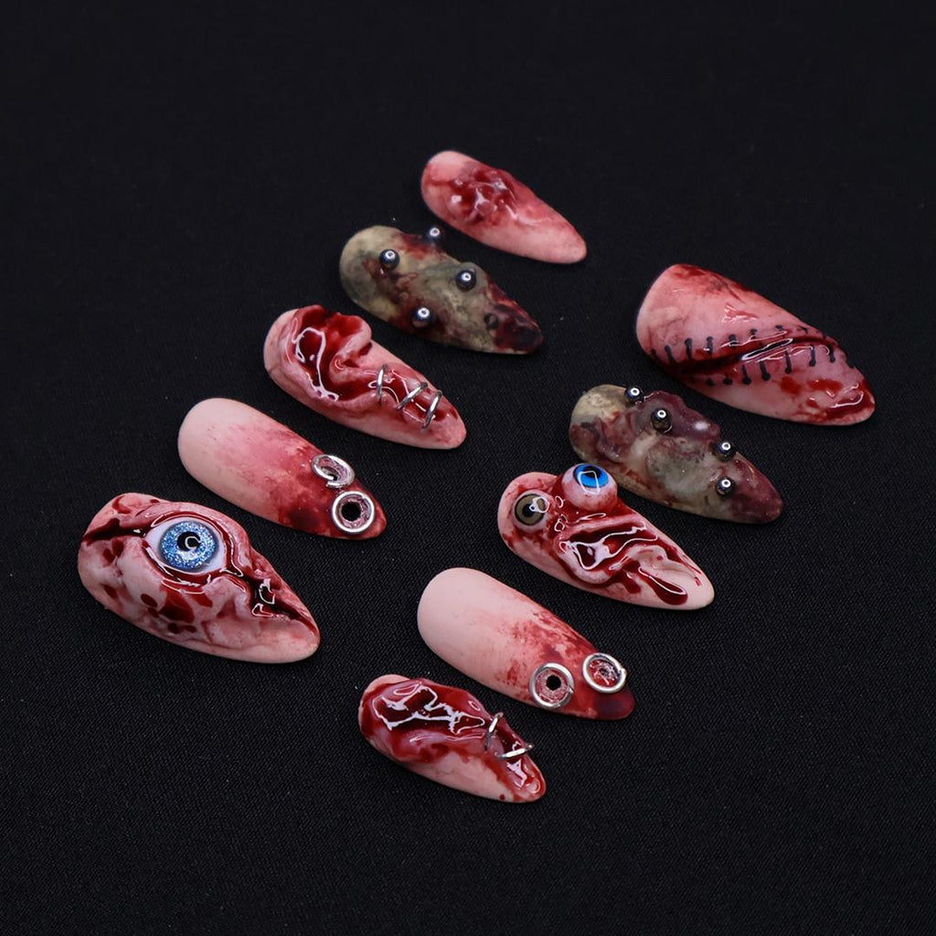Unique 3D Design with Horror Blood Eyeball Almond Halloween Press On Nails, Scary Fake Nails Art for Spooky Season