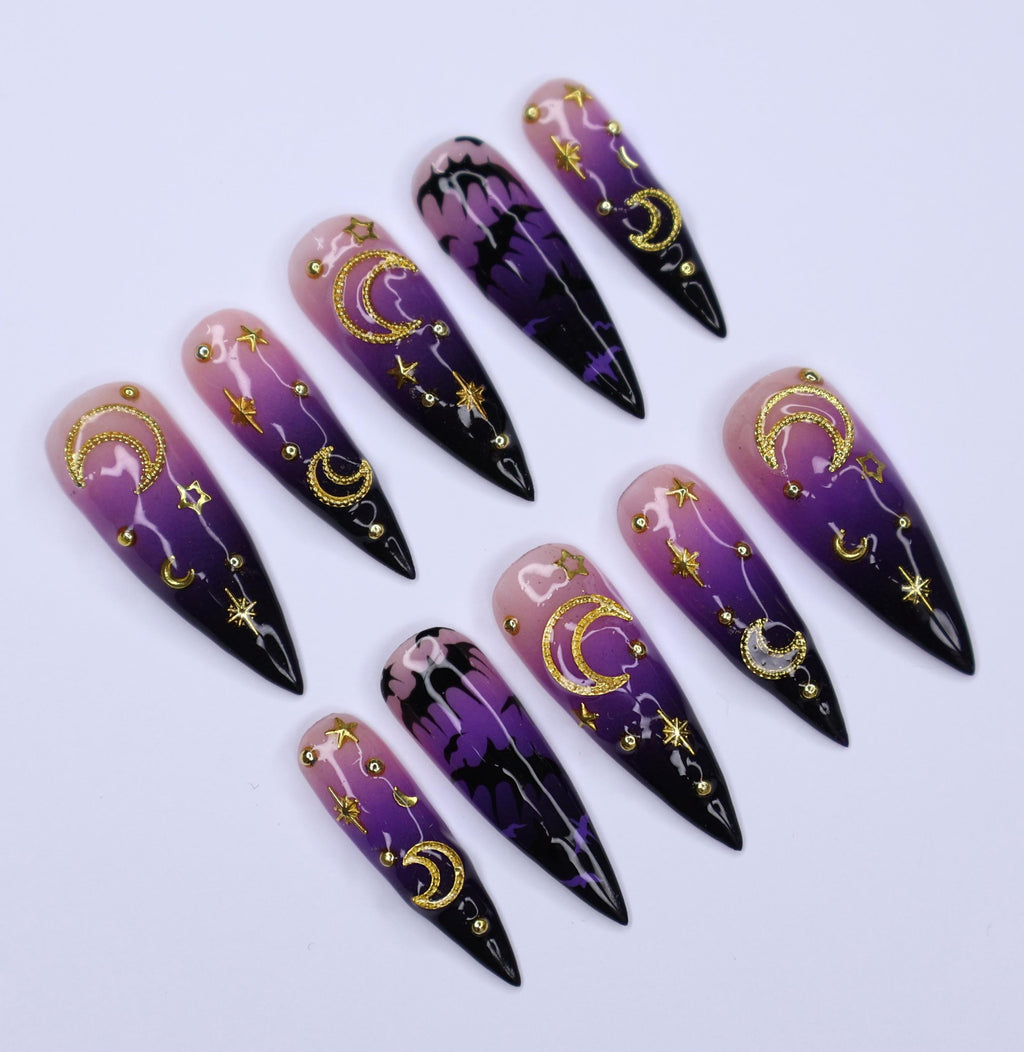 Enchanting Mystical Sky Press-On Nails, Stars, Moon & Bat Design in Stunning Long Stiletto Fake Nail Art - Perfect for Spooky Glam Halloween