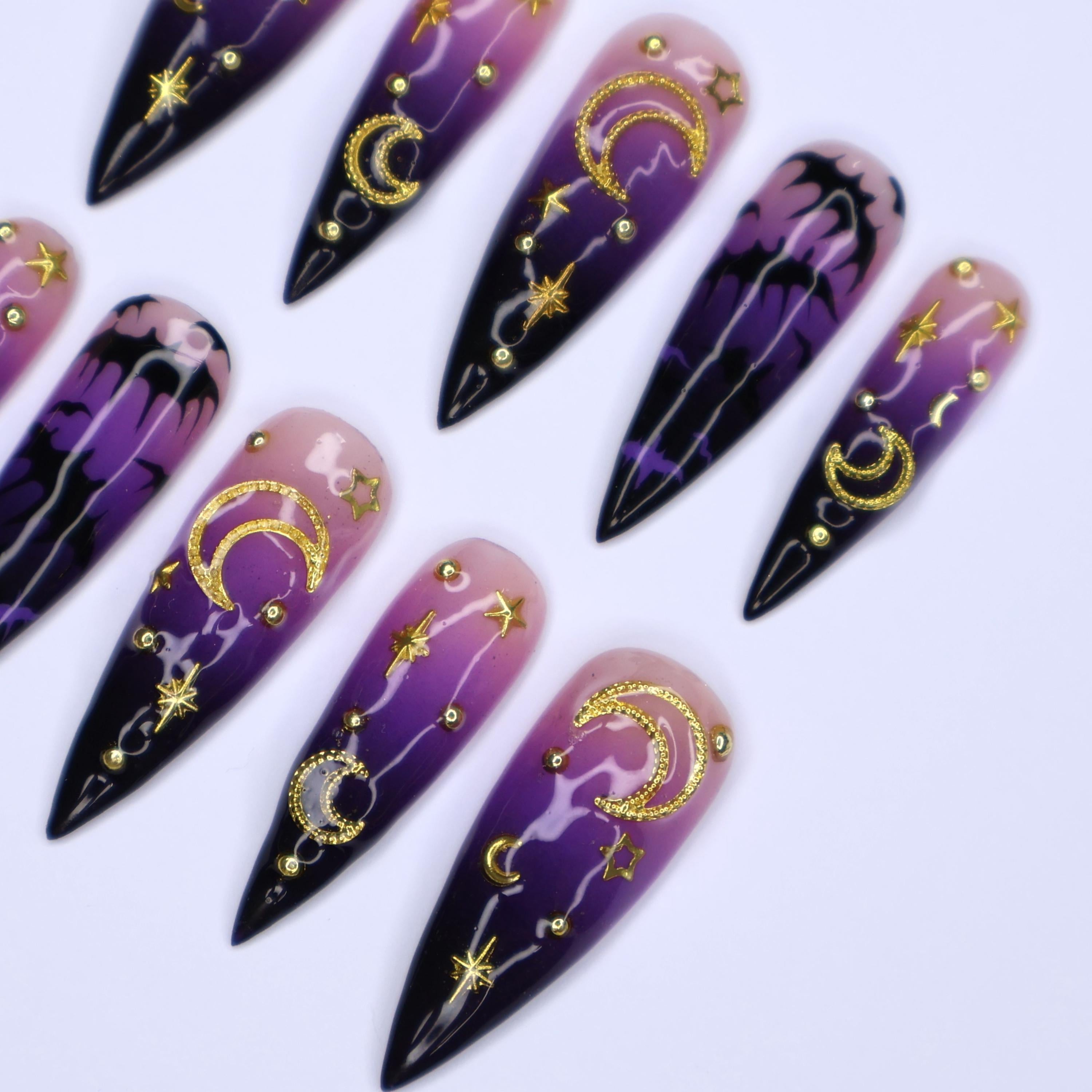 Enchanting Mystical Sky Press-On Nails, Stars, Moon & Bat Design in Stunning Long Stiletto Fake Nail Art - Perfect for Spooky Glam Halloween