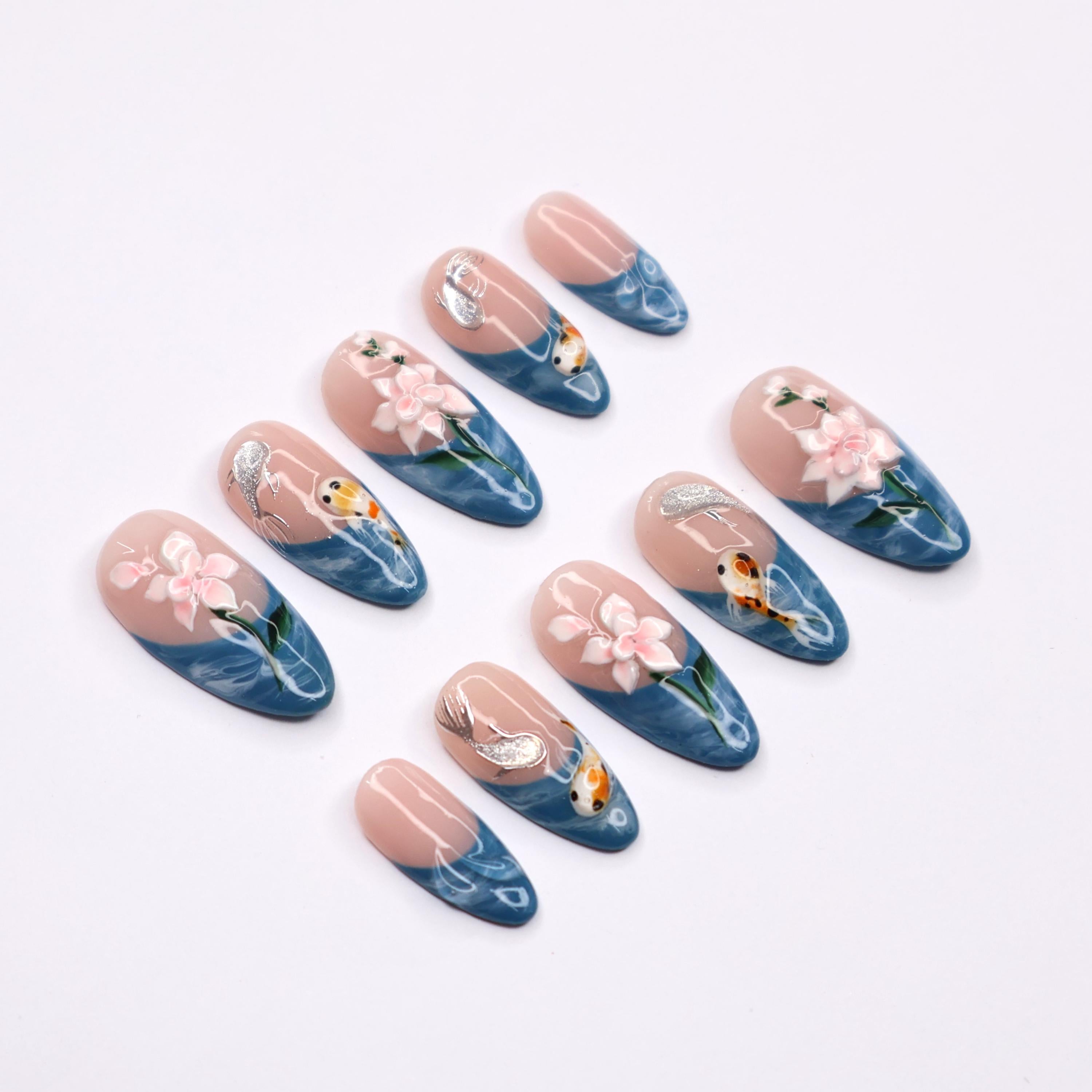 Elegant Fall Vibes Medium Almond Press-On Nails with Blue French Tips, Adorned with 3D Koi Fish & Lotus Flowers for a Stunning Look