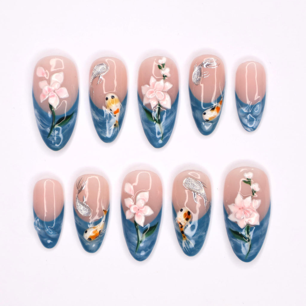 Elegant Fall Vibes Medium Almond Press-On Nails with Blue French Tips, Adorned with 3D Koi Fish & Lotus Flowers for a Stunning Look