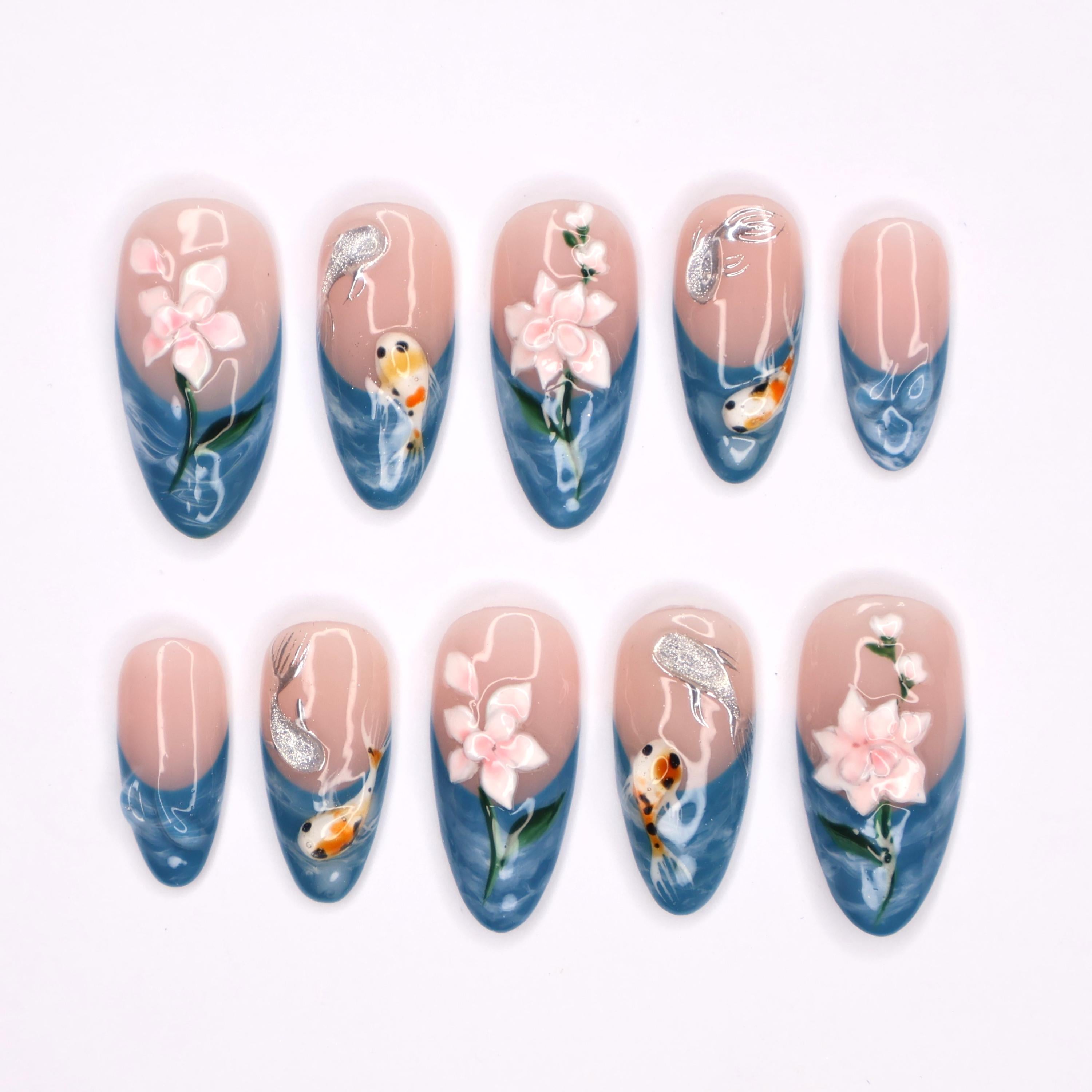 Elegant Fall Vibes Medium Almond Press-On Nails with Blue French Tips, Adorned with 3D Koi Fish & Lotus Flowers for a Stunning Look