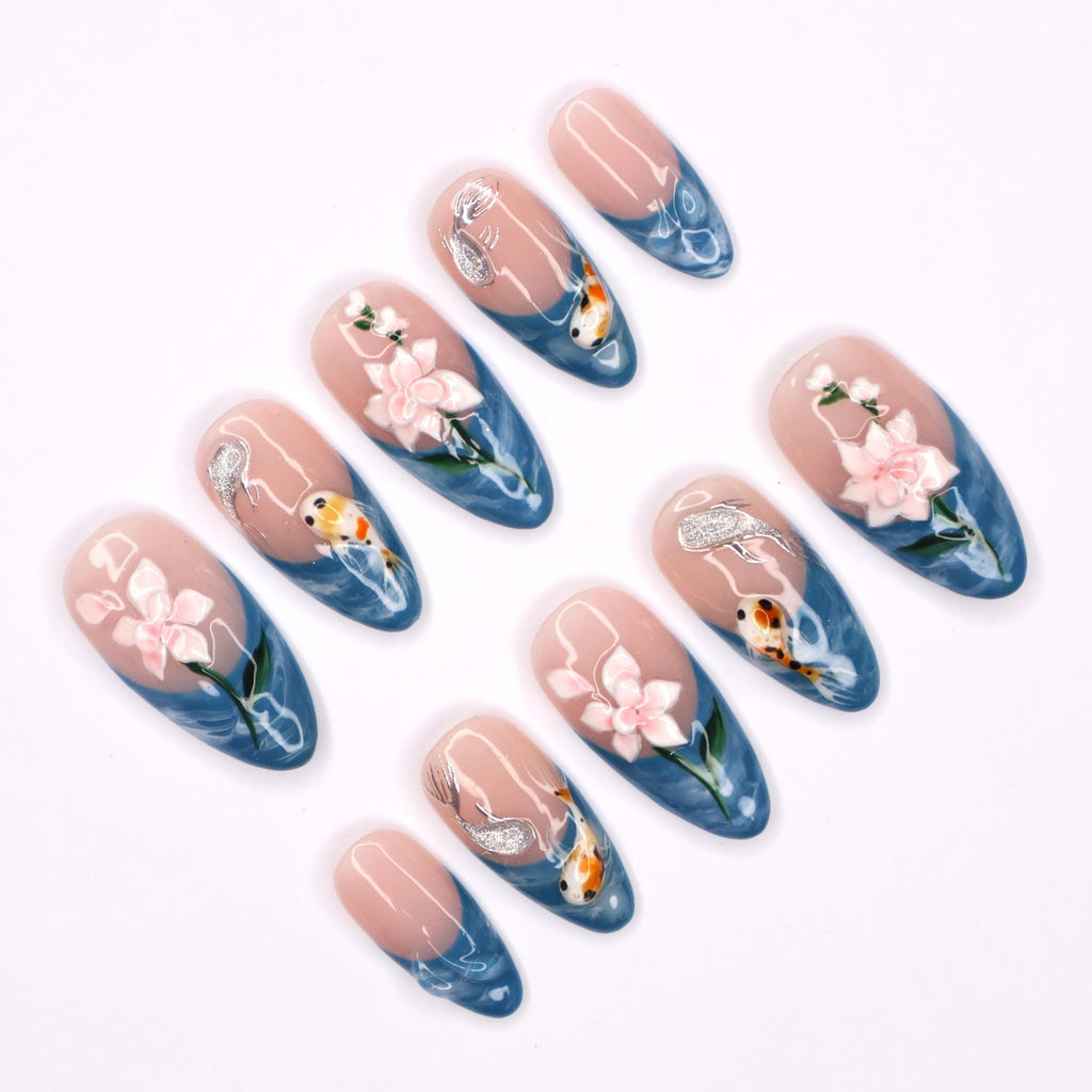 Elegant Fall Vibes Medium Almond Press-On Nails with Blue French Tips, Adorned with 3D Koi Fish & Lotus Flowers for a Stunning Look