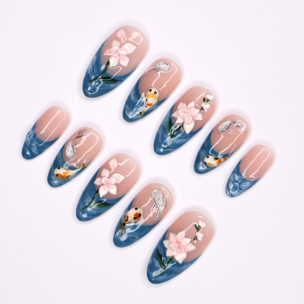 Elegant Fall Vibes Medium Almond Press-On Nails with Blue French Tips, Adorned with 3D Koi Fish & Lotus Flowers for a Stunning Look