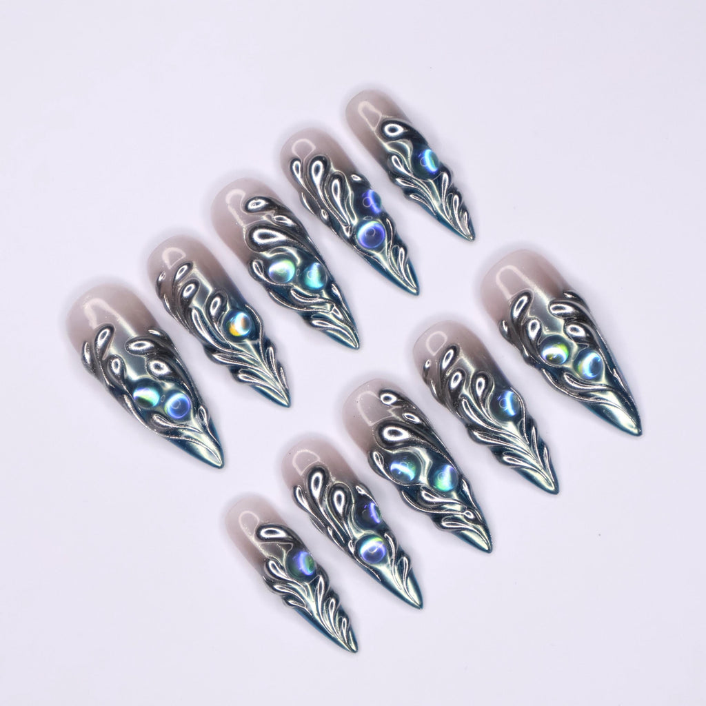 Freestyle 3D Chrome Long Almond Press On Nail, Gothic Nail Art Hand Painted, Stiletto Nail For Event Party, Reusable Nail Art