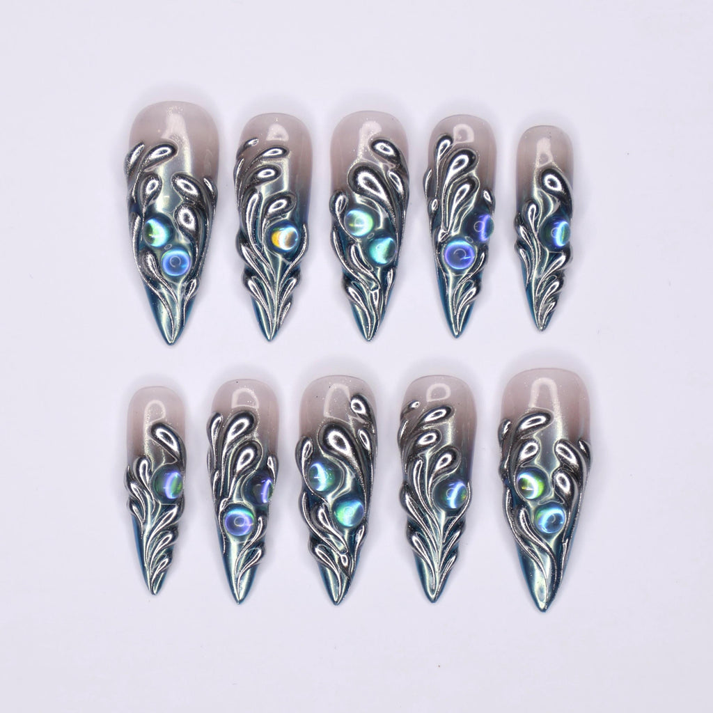 Freestyle 3D Chrome Long Almond Press On Nail, Gothic Nail Art Hand Painted, Stiletto Nail For Event Party, Reusable Nail Art