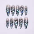 Freestyle 3D Chrome Long Almond Press On Nail, Gothic Nail Art Hand Painted, Stiletto Nail For Event Party, Reusable Nail Art