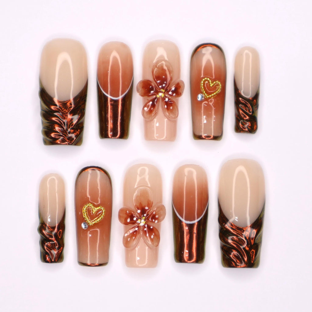 3D Floral and Heart Fall Press On Nails, Copper and Nude Long Square Fake Nails Art for Chic Autumn Style.