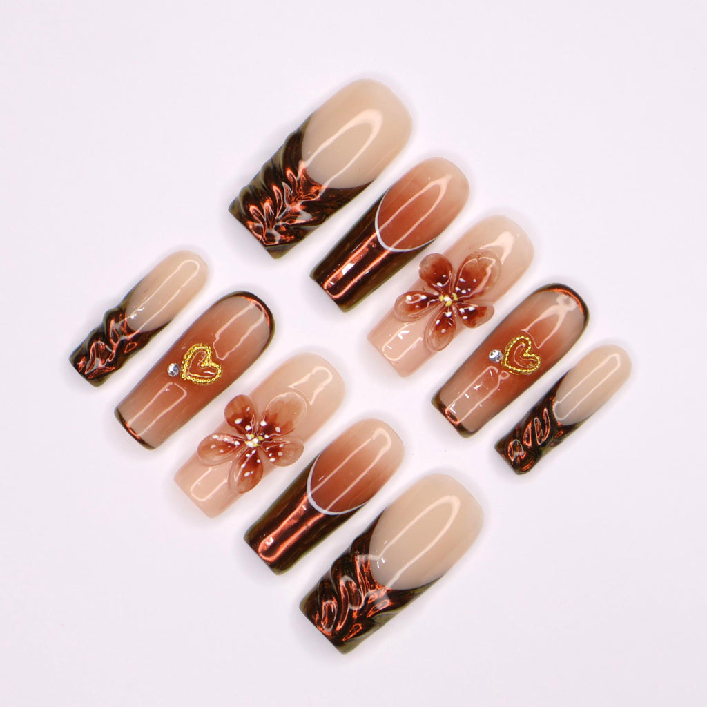 3D Floral and Heart Fall Press On Nails, Copper and Nude Long Square Fake Nails Art for Chic Autumn Style.