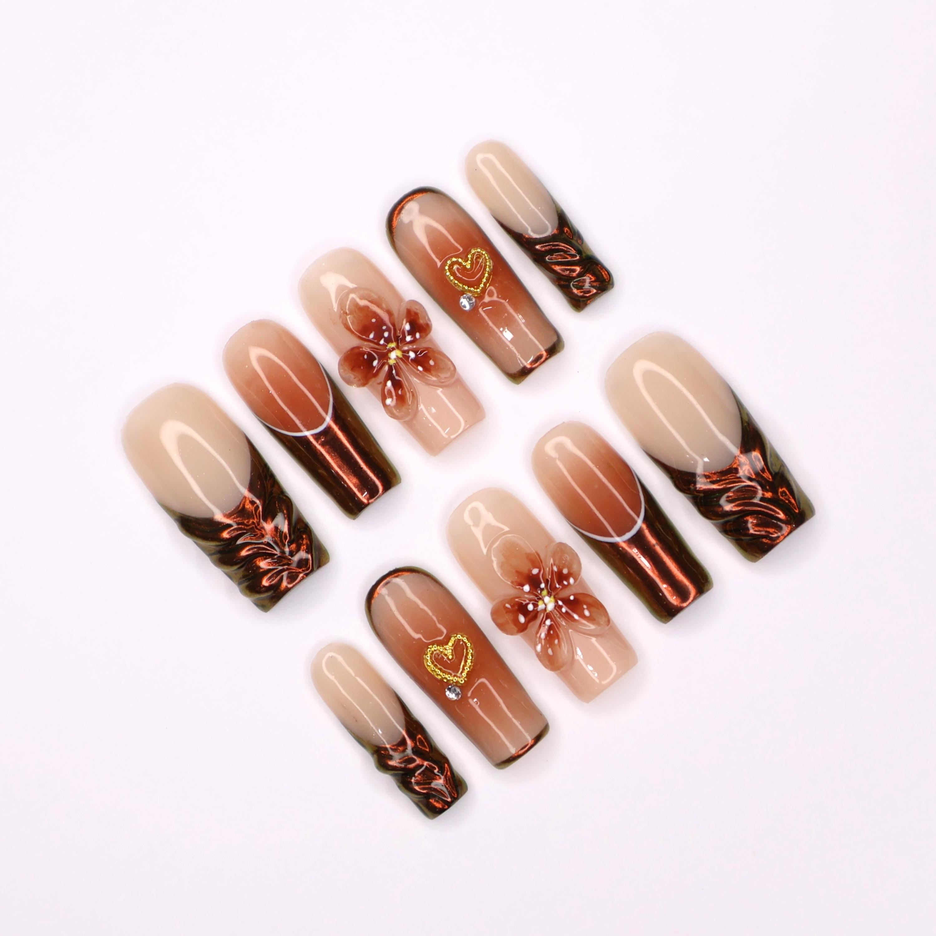 3D Floral and Heart Fall Press On Nails, Copper and Nude Long Square Fake Nails Art for Chic Autumn Style.