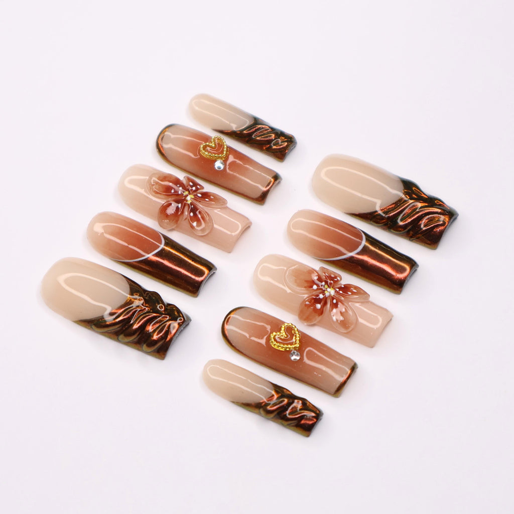 3D Floral and Heart Fall Press On Nails, Copper and Nude Long Square Fake Nails Art for Chic Autumn Style.