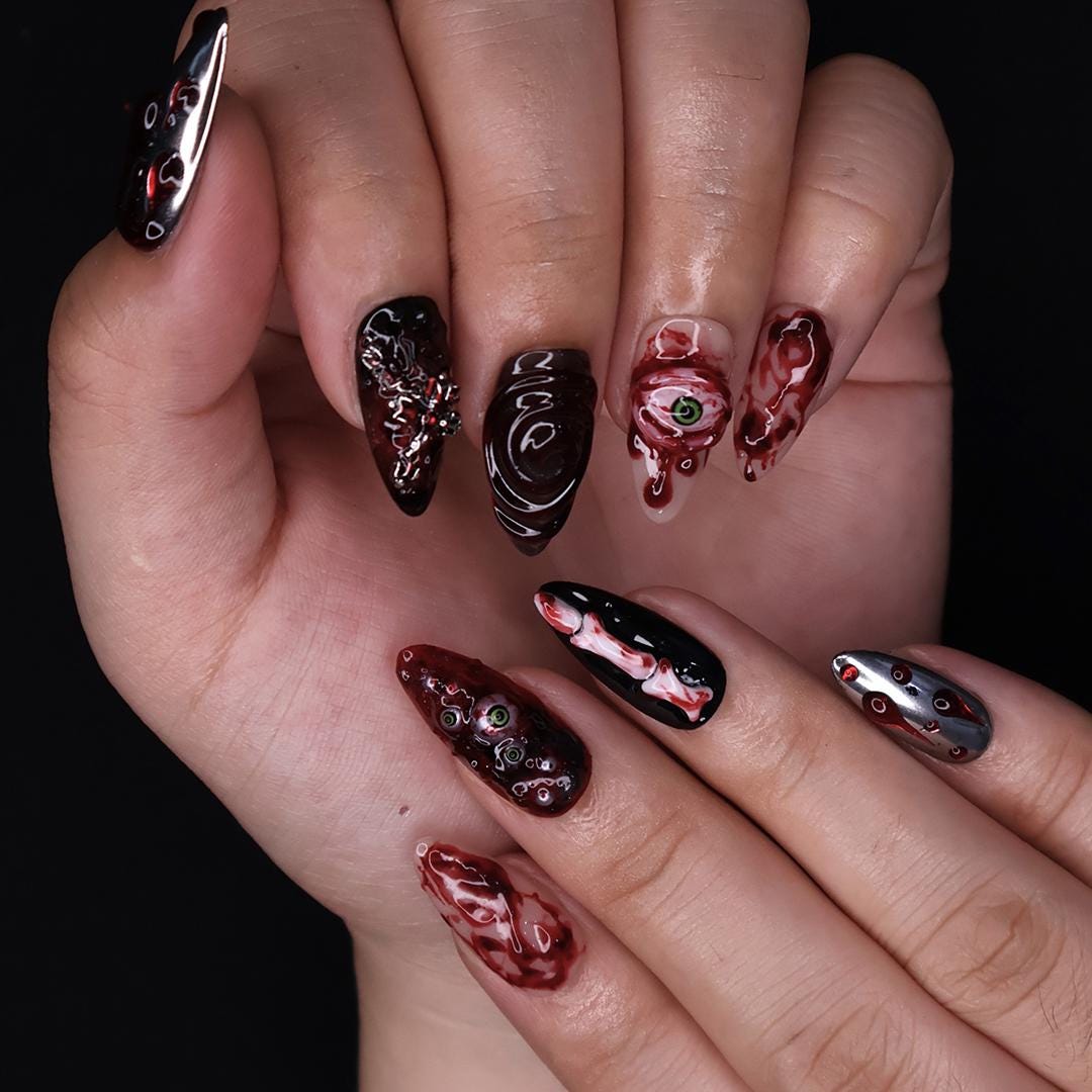 Unique 3D Design with Horror Blood Eyeball Almond Halloween Press On Nails, Scary Fake Nails Art for Spooky Season