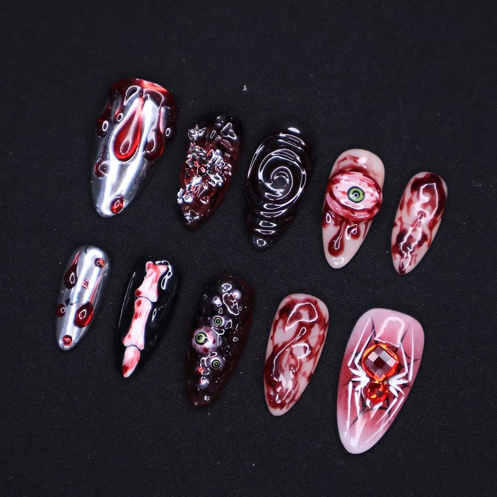 Unique 3D Design with Horror Blood Eyeball Almond Halloween Press On Nails, Scary Fake Nails Art for Spooky Season