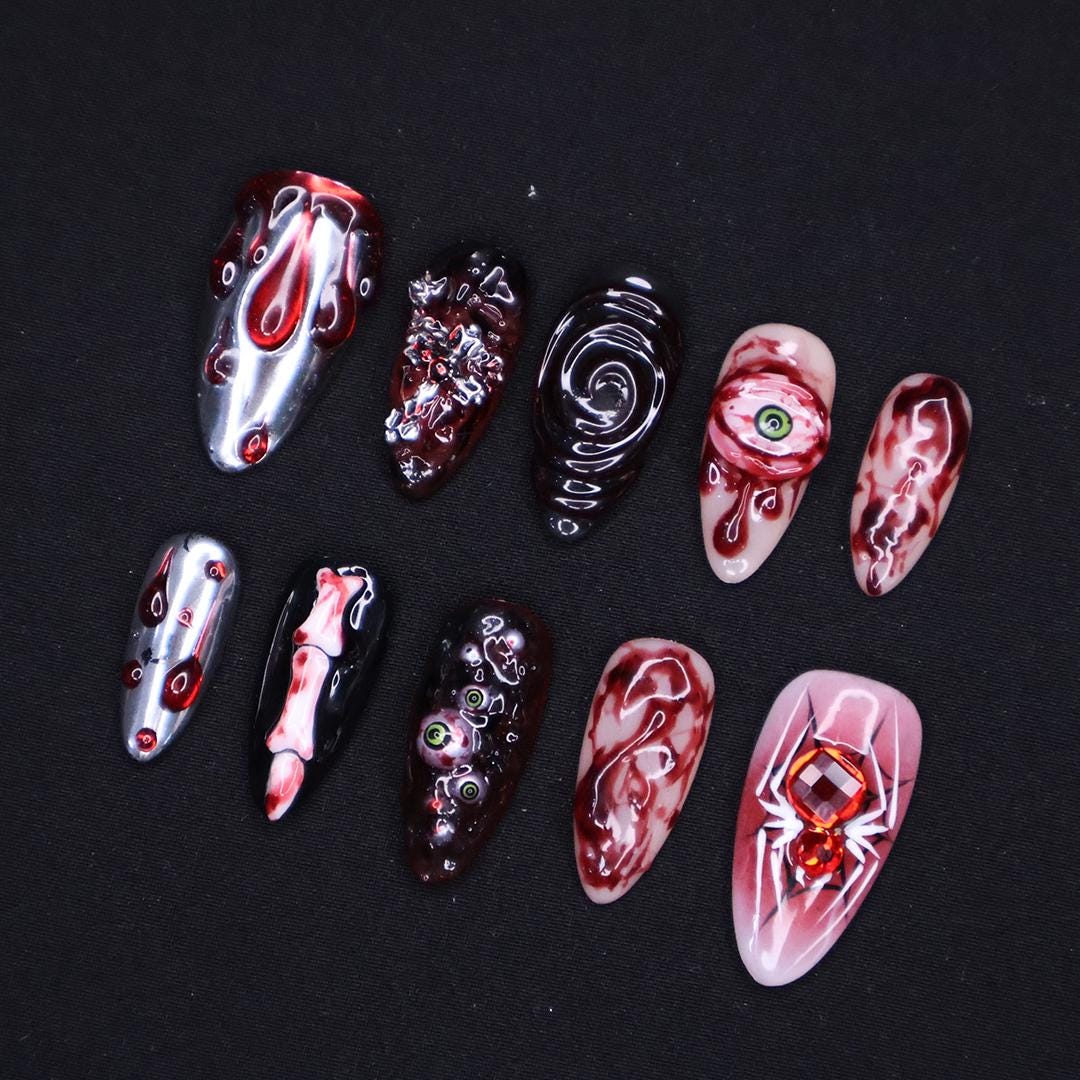 Unique 3D Design with Horror Blood Eyeball Almond Halloween Press On Nails, Scary Fake Nails Art for Spooky Season