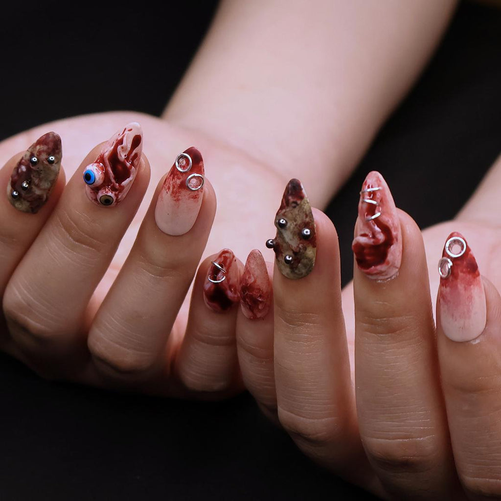 Unique 3D Design with Horror Blood Eyeball Almond Halloween Press On Nails, Scary Fake Nails Art for Spooky Season