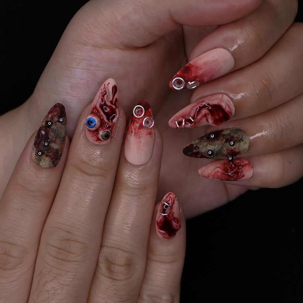 Unique 3D Design with Horror Blood Eyeball Almond Halloween Press On Nails, Scary Fake Nails Art for Spooky Season