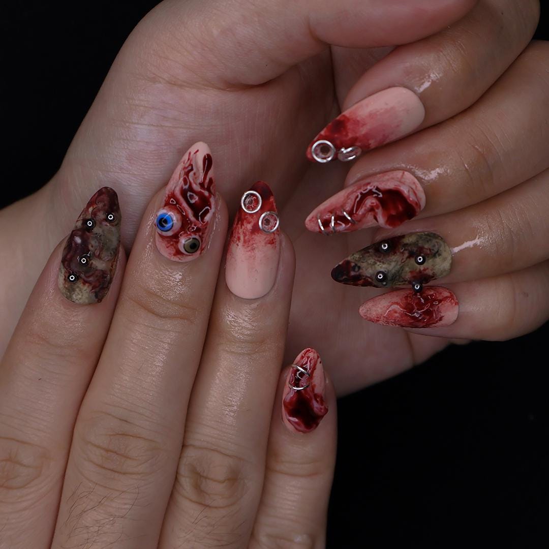 Unique 3D Design with Horror Blood Eyeball Almond Halloween Press On Nails, Scary Fake Nails Art for Spooky Season
