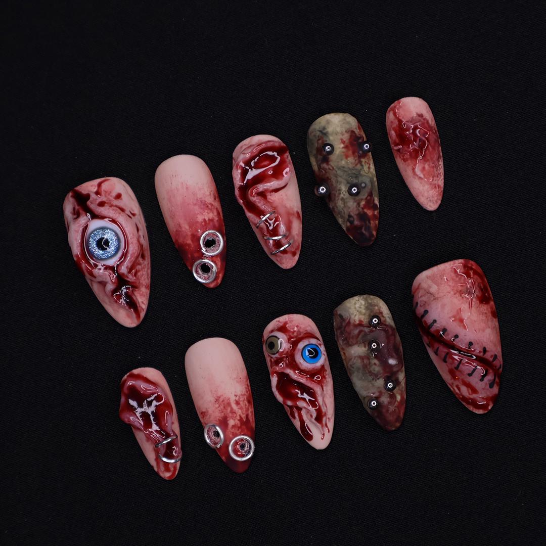 Unique 3D Design with Horror Blood Eyeball Almond Halloween Press On Nails, Scary Fake Nails Art for Spooky Season