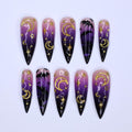 Enchanting Mystical Sky Press-On Nails, Stars, Moon & Bat Design in Stunning Long Stiletto Fake Nail Art - Perfect for Spooky Glam Halloween