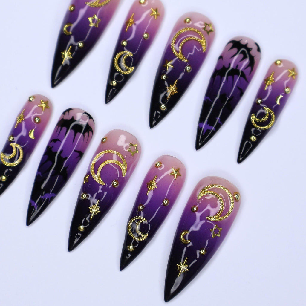 Enchanting Mystical Sky Press-On Nails, Stars, Moon & Bat Design in Stunning Long Stiletto Fake Nail Art - Perfect for Spooky Glam Halloween