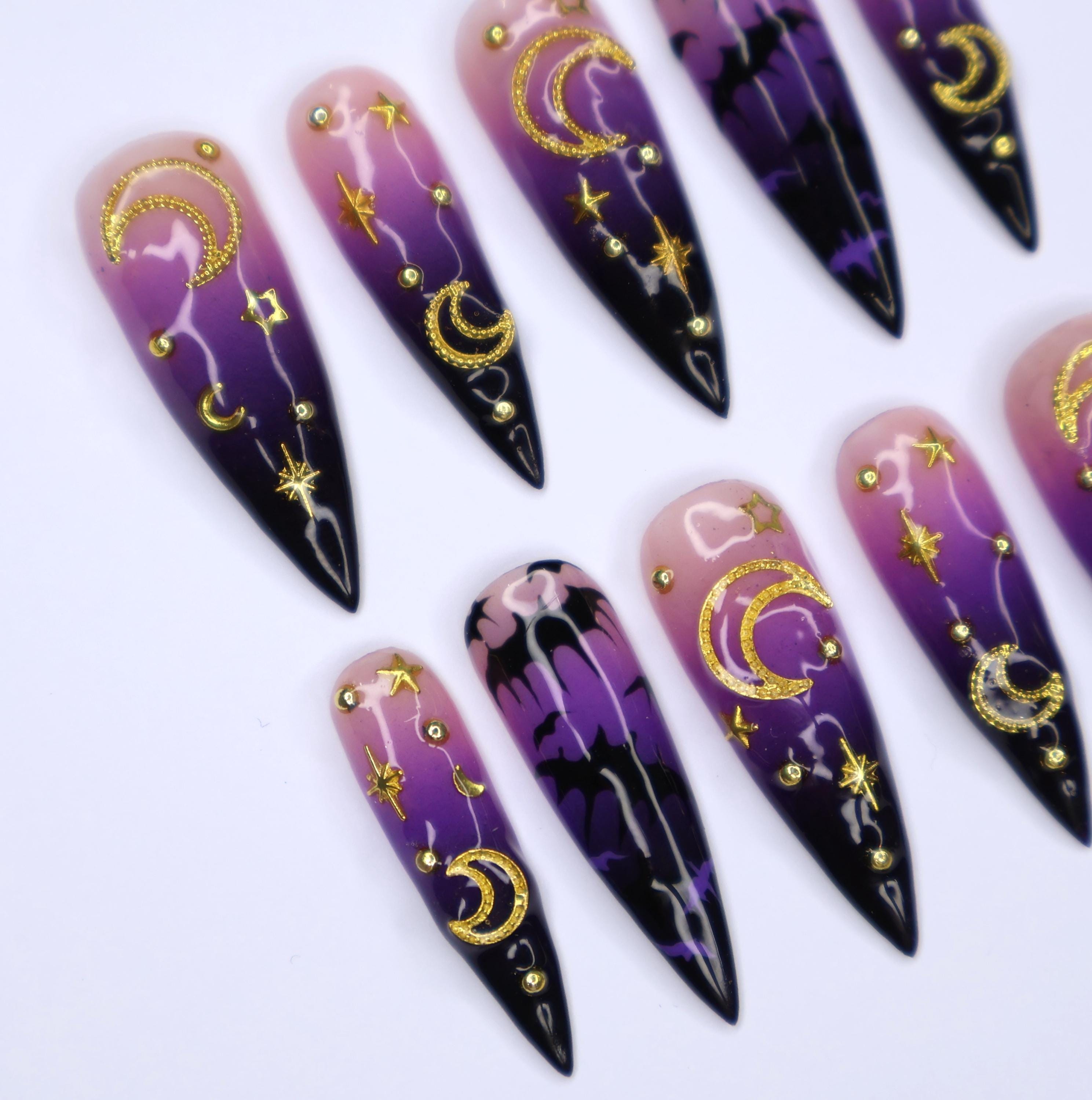 Enchanting Mystical Sky Press-On Nails, Stars, Moon & Bat Design in Stunning Long Stiletto Fake Nail Art - Perfect for Spooky Glam Halloween