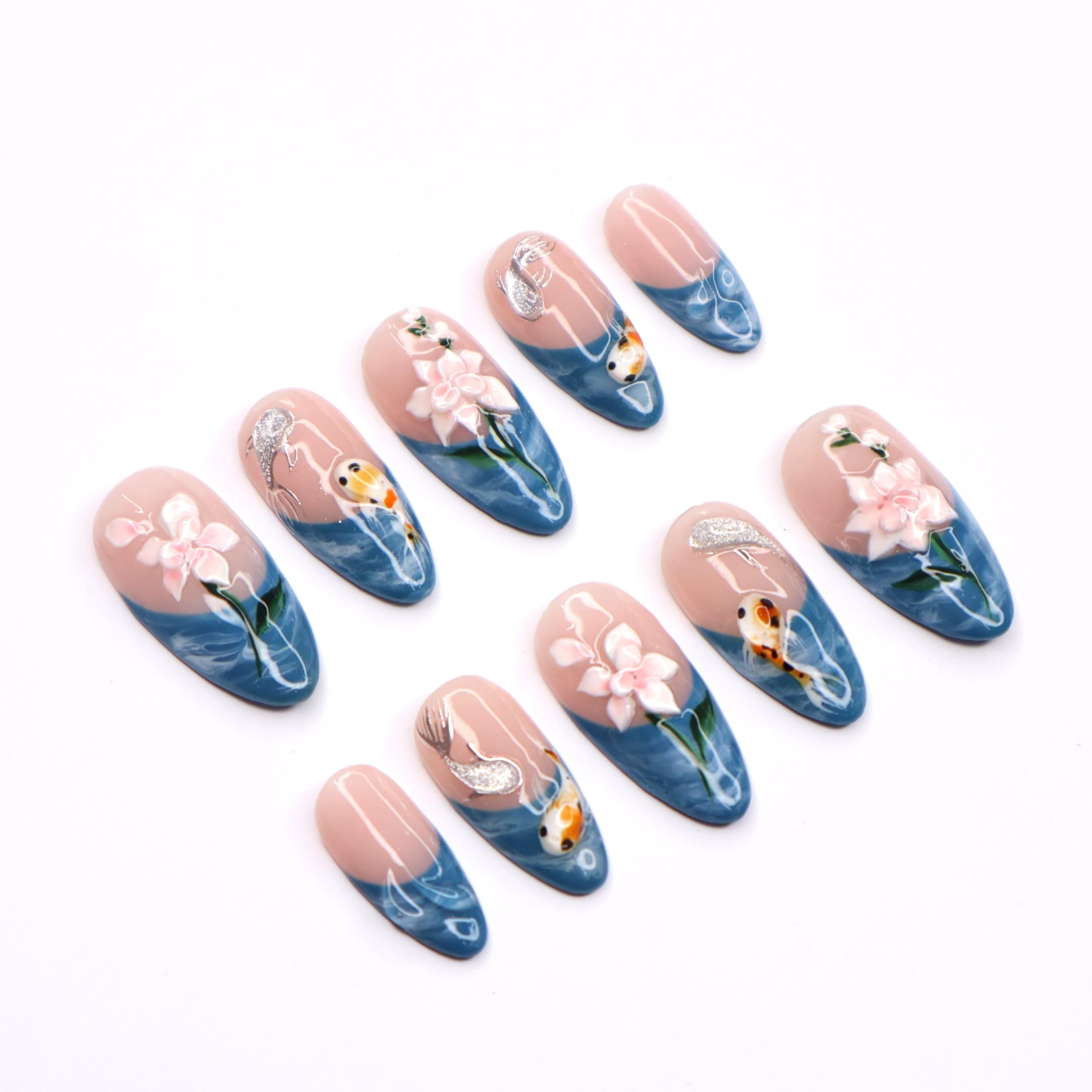 Elegant Fall Vibes Medium Almond Press-On Nails with Blue French Tips, Adorned with 3D Koi Fish & Lotus Flowers for a Stunning Look