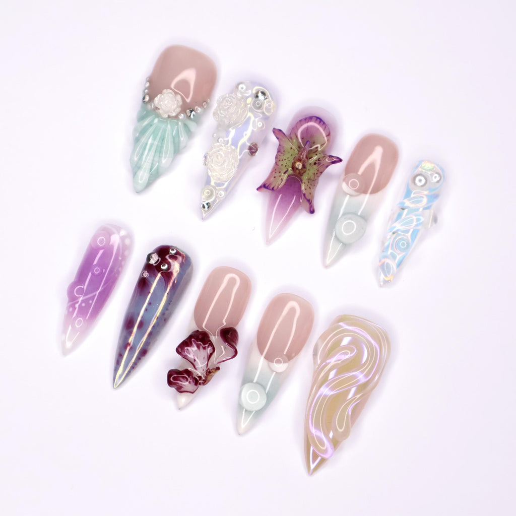 Freestyle 3D Seashell Gel Nail Long Stiletto Press On Nail, Custom Design Nail Art, Fake Nail for Birthday, Holiday Nail, Gift For Her