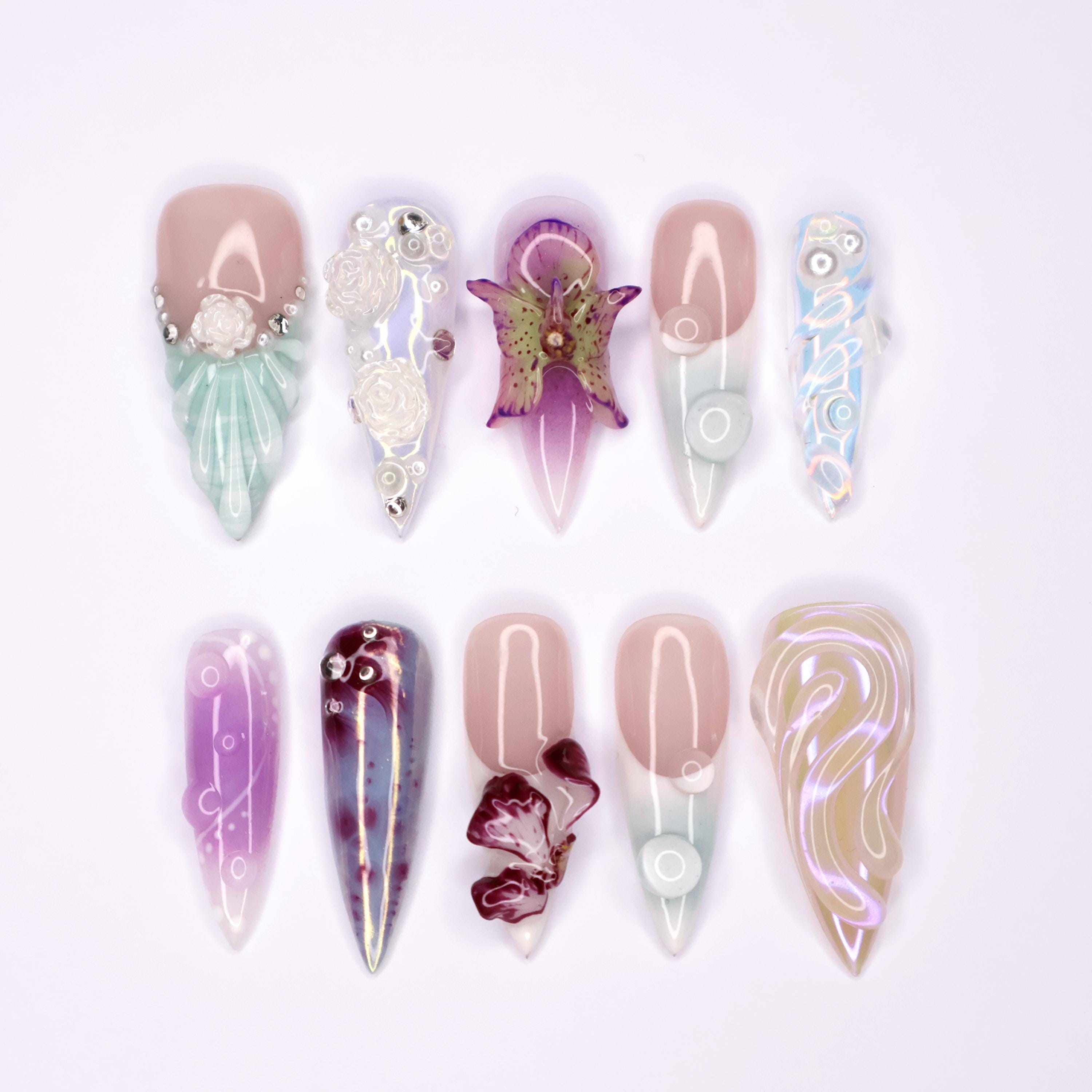 Freestyle 3D Seashell Gel Nail Long Stiletto Press On Nail, Custom Design Nail Art, Fake Nail for Birthday, Holiday Nail, Gift For Her
