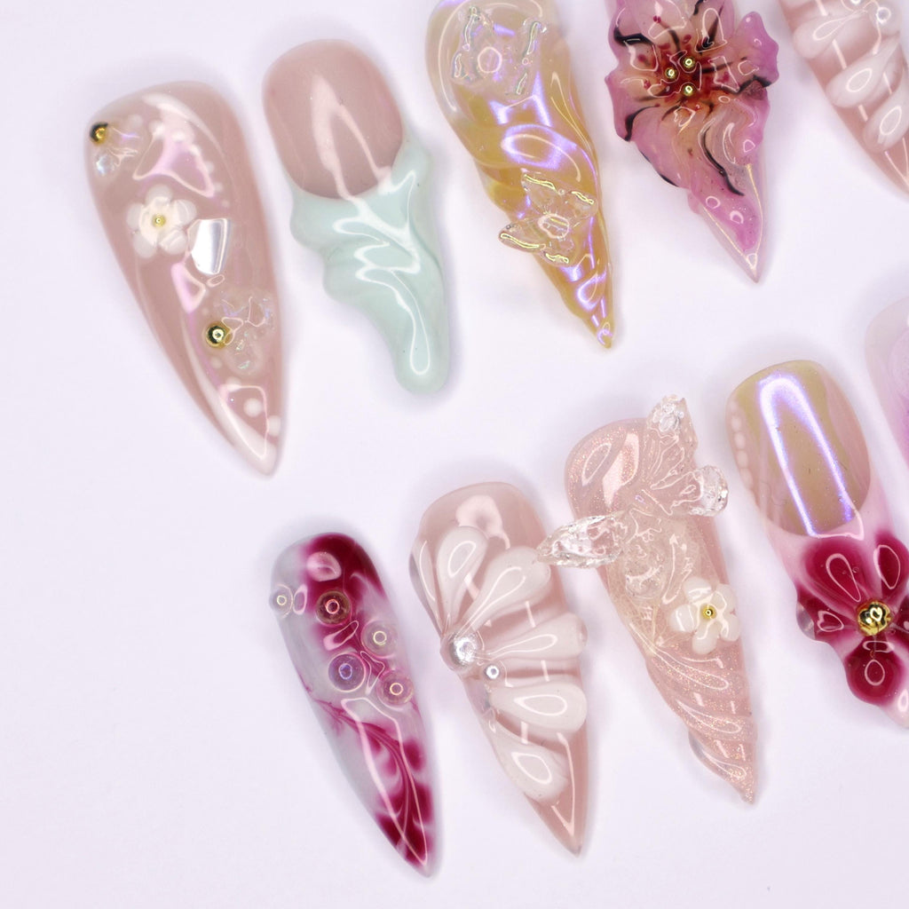 Stunning Long Stiletto Press-On Nails,3D Orchid flower, Butterfly Design & Chic Chrome Pearl Effect - Perfect for Glamorous Looks