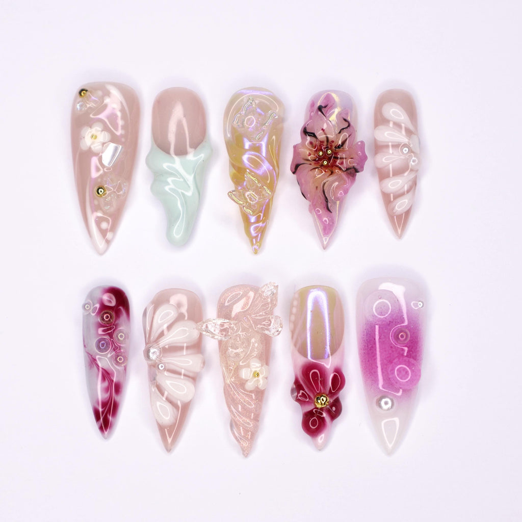Stunning Long Stiletto Press-On Nails,3D Orchid flower, Butterfly Design & Chic Chrome Pearl Effect - Perfect for Glamorous Looks