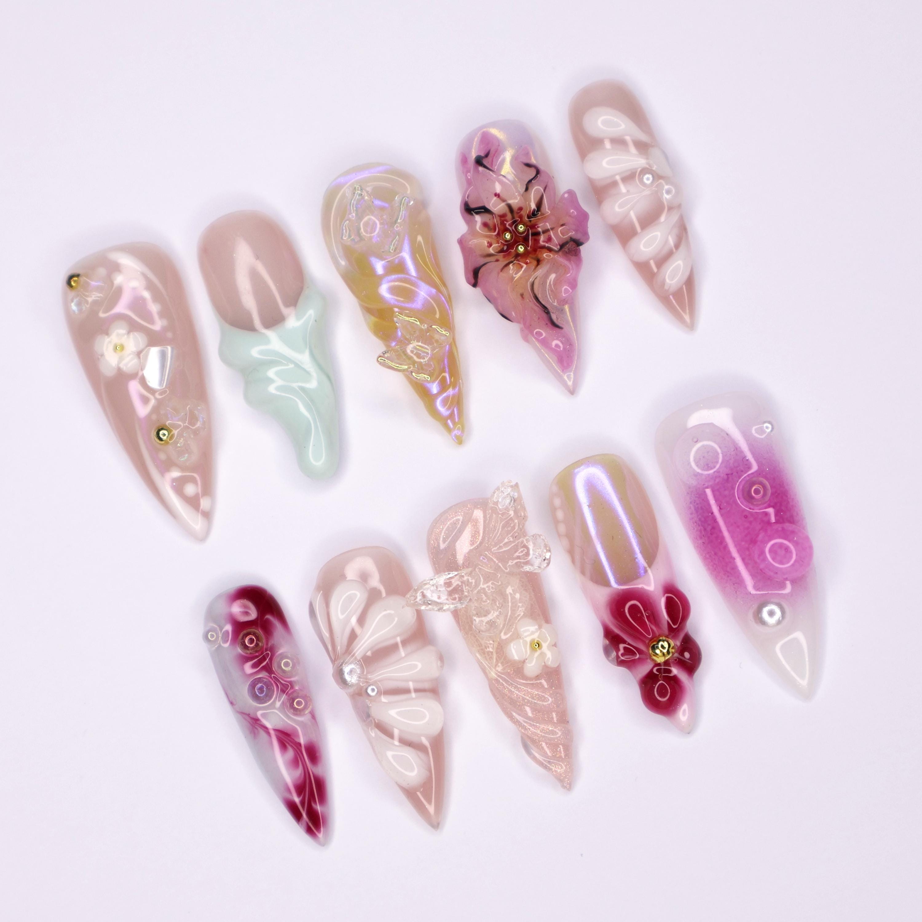Stunning Long Stiletto Press-On Nails,3D Orchid flower, Butterfly Design & Chic Chrome Pearl Effect - Perfect for Glamorous Looks