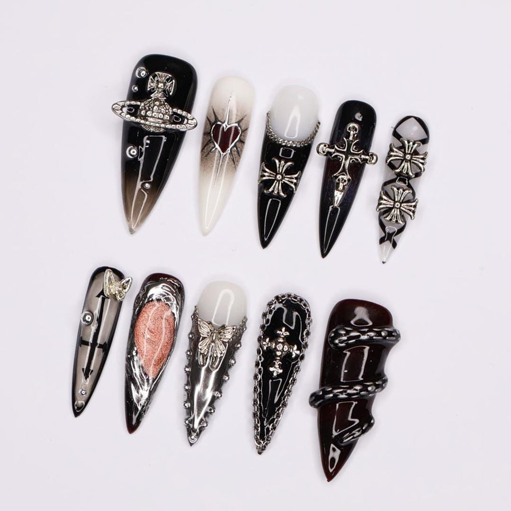 Elegant Gothic Stiletto Press-On Nails: Silver Cross Charm & Planet Accents on Chic French Tips with Intricate Chain Details