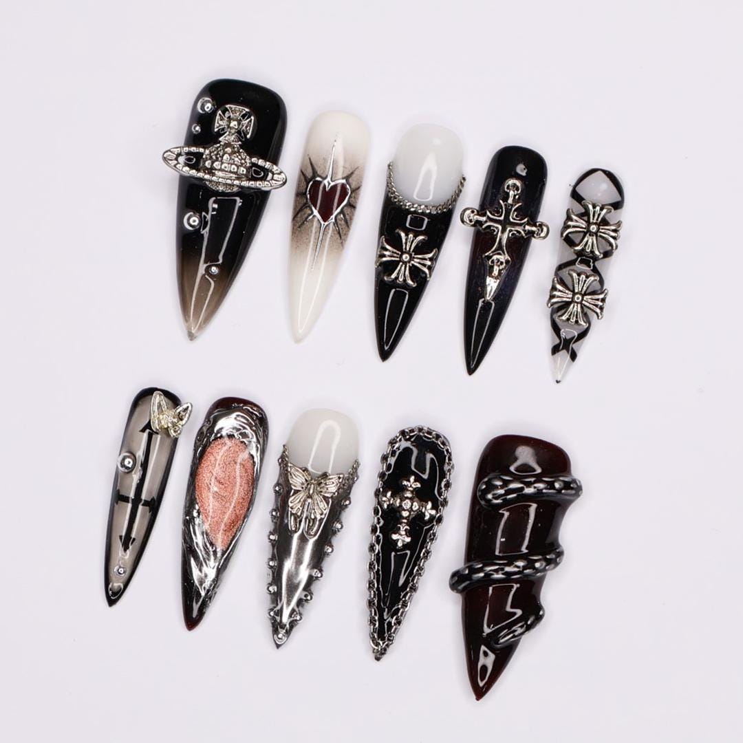 Elegant Gothic Stiletto Press-On Nails: Silver Cross Charm & Planet Accents on Chic French Tips with Intricate Chain Details